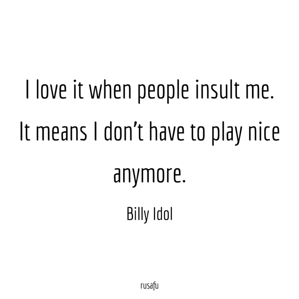 I love it when people insult me. It means I don’t have to play nice anymore. – Billy Idol