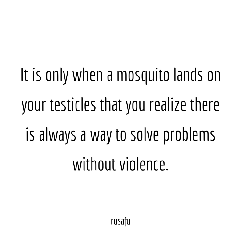 It is only when a mosquito lands on your testicles that you realize there is always a way to solve problems without violence.