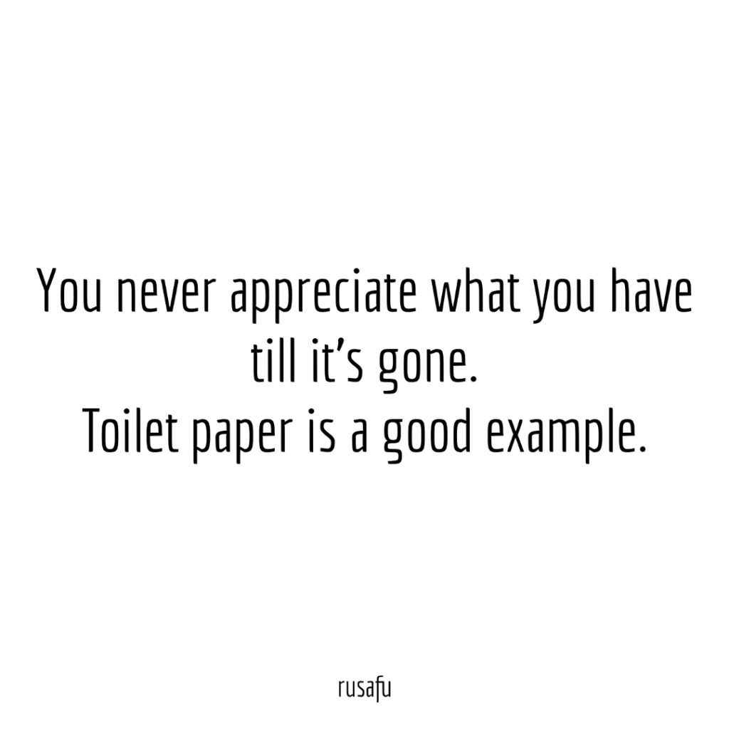 You never appreciate what you have till it's gone. Toilet paper is a good example.