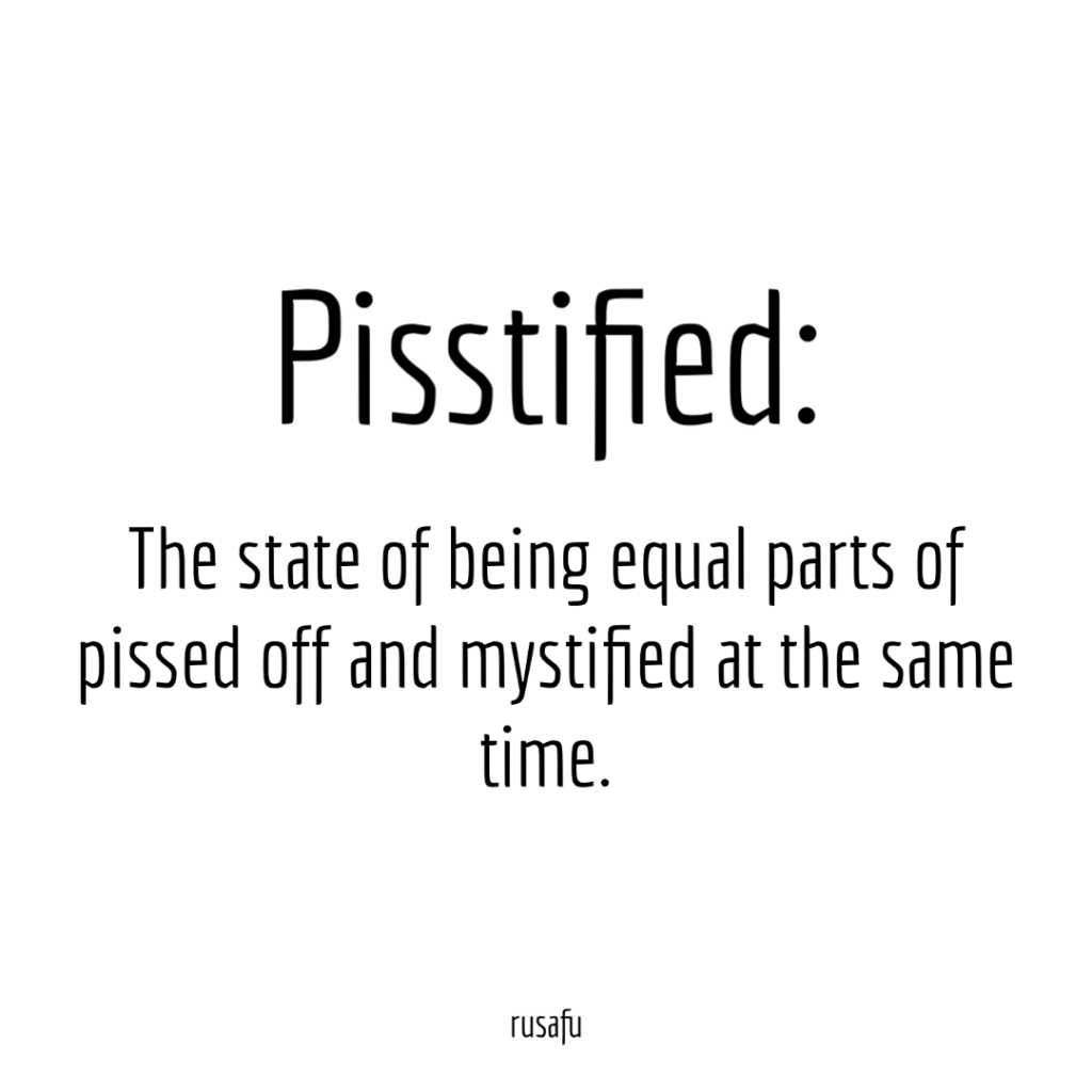 Pisstified: The state of being equal parts of pissed off and mystified at the same time. 