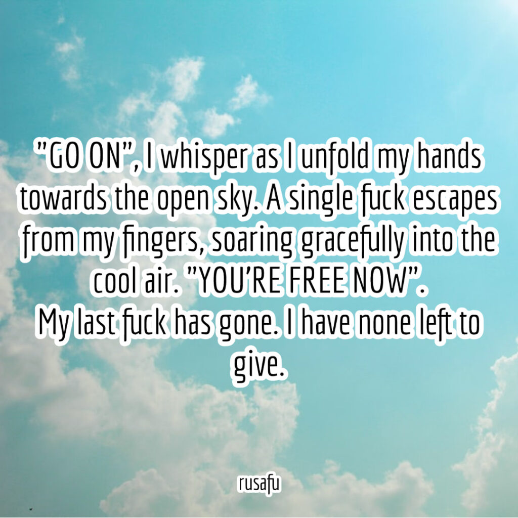 "GO ON", I whisper as I unfold my hands towards the open sky. A single fuck escapes from my finger, soaring gracefully into the cool air. "YOU'RE FREE NOW". My last fuck has gone. I have none left to give.
