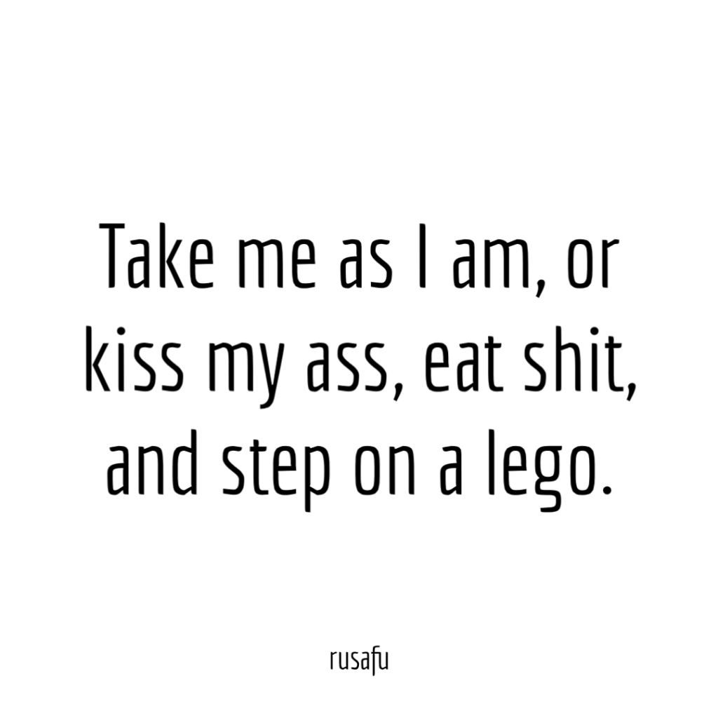Take me as I am, or kiss my ass, eat shit, and step on a lego.