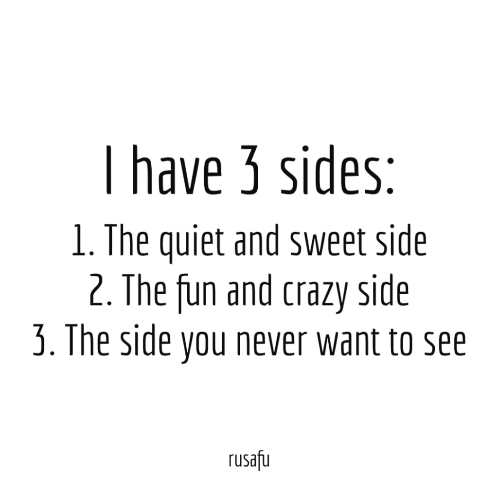 I have 3 sides: The quiet and sweet side 2. The fun and crazy side 3. The side you never want to see
