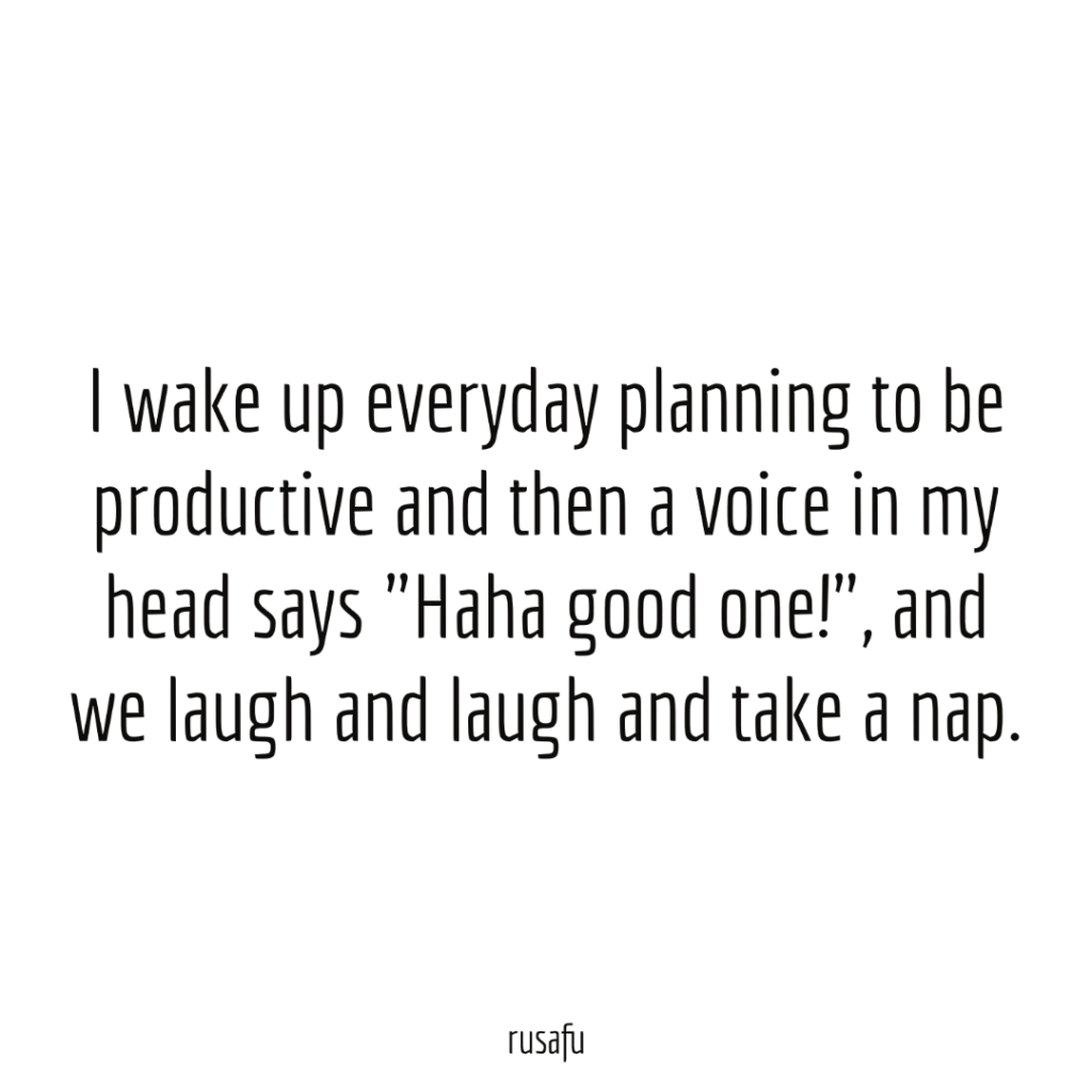 I wake up everyday planning to be productive and then a voice in my head says "Haha good one!", and we laugh and laugh and take a nap.