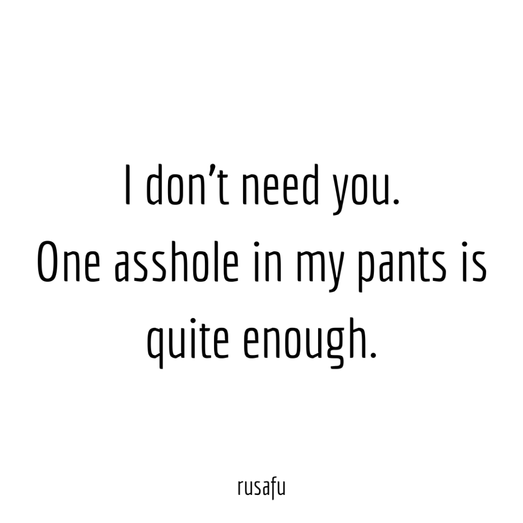 I don’t need you. One assholein my pants is quite enough.